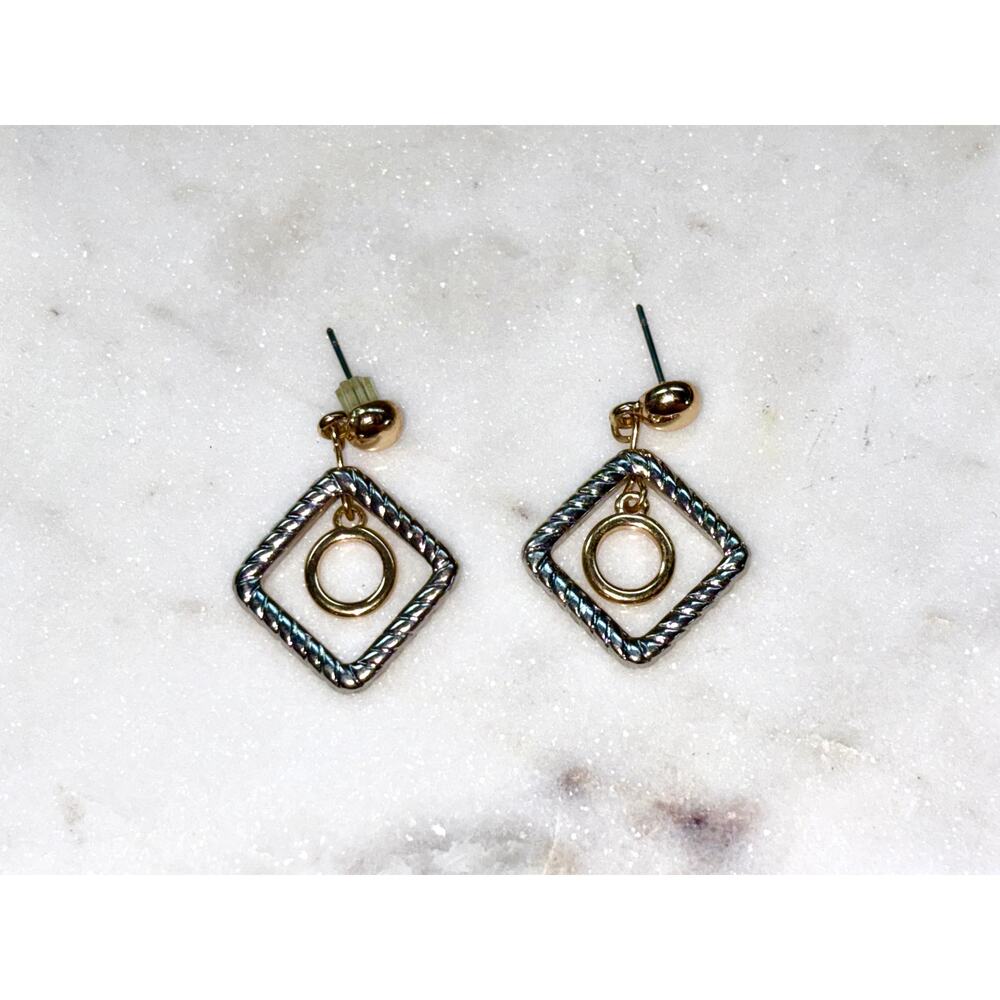 Textured Silver and Gold Tone   Square Circle Dangle Drop Earrings - Picture 2 of 5